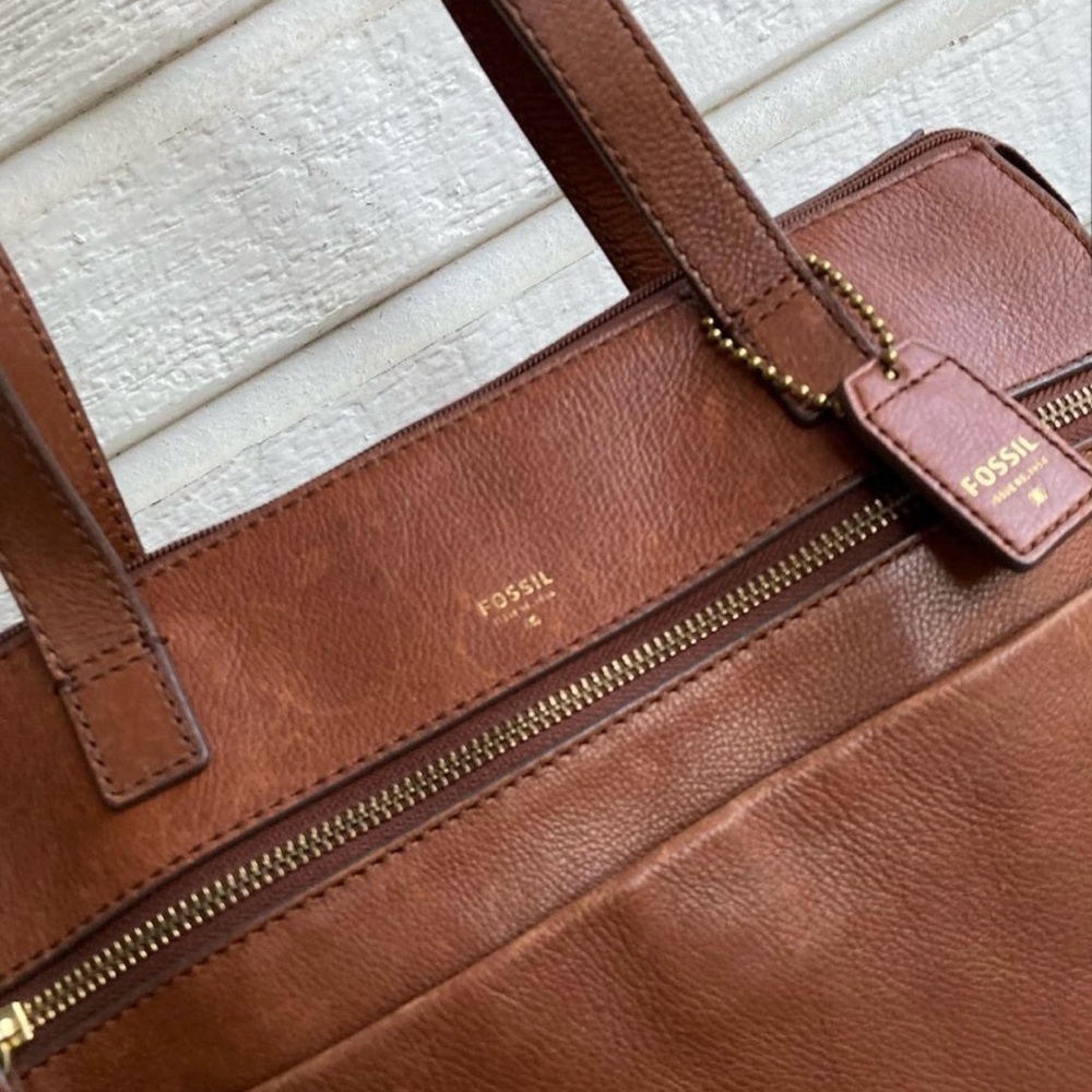 FOSSIL British Brown Leather Work Tote Shoulder Bag Maddox Sydney Ryder